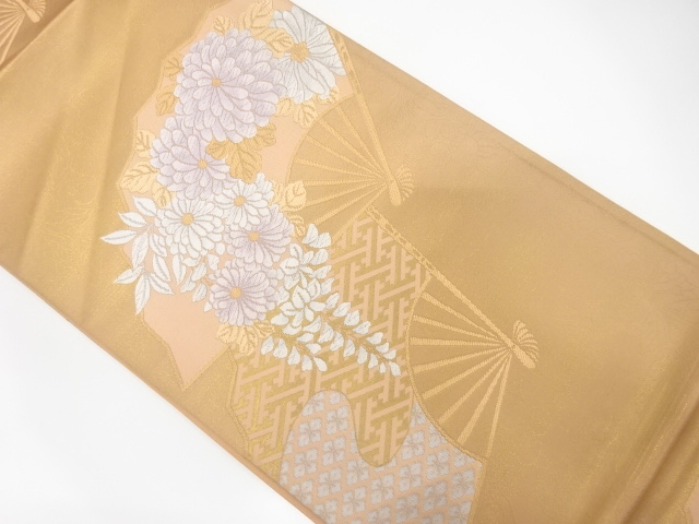 JAPANESE KIMONO / ANTIQUE FUKURO OBI / SILK / WOVEN FOLDING FAN PATTERN